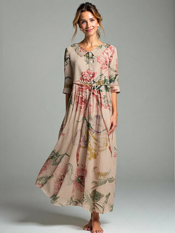 Robe chemise femme élégante - robe florale longue beige à manches 3/4