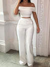 Ensemble femme : top court à épaules dénudées et pantalon - tenue chic blanche pour le soir