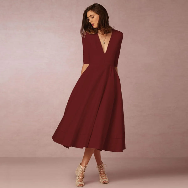 Robe midi décontractée pour femmes - élégante en coton avec décolleté en v pour des occasions spéciales