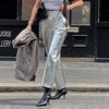 Pantalon métallisé gris pour femmes - bas de mode à finition brillante pour toutes les occasions
