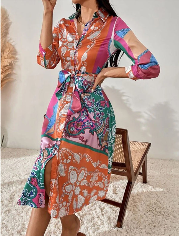 Robe chemise - robe imprimée ceinturée pour femmes