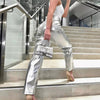 Pantalon métallisé gris pour femmes - bas de mode à finition brillante pour toutes les occasions