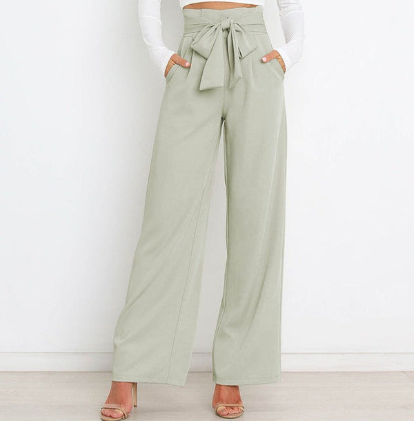 Pantalons larges pour femme avec nœud élégant à taille haute - tenue de bureau décontractée et stylée