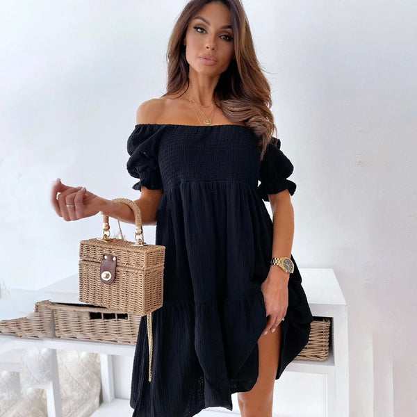 Robe midi décontractée élégante à épaules nues - coton mélangé stylé pour des sorties décontractées