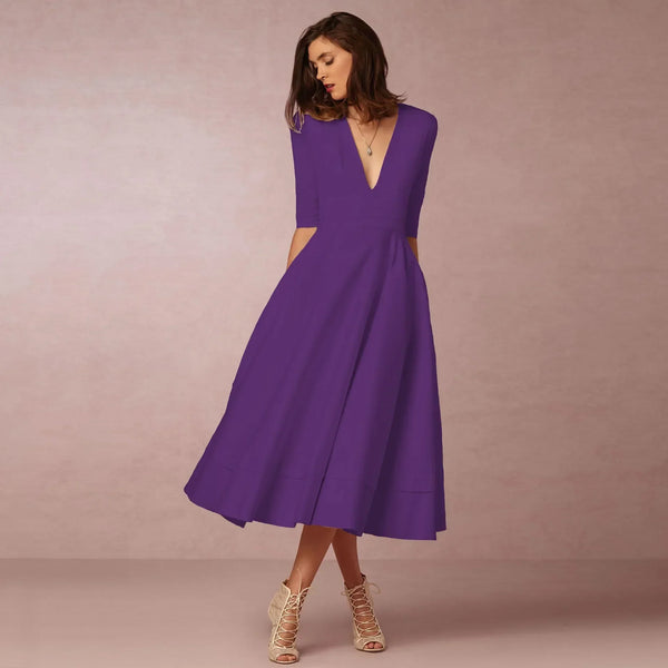 Robe midi décontractée pour femmes - élégante en coton avec décolleté en v pour des occasions spéciales