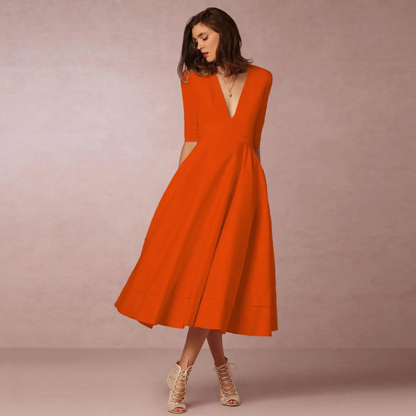 Robe midi décontractée pour femmes - élégante en coton avec décolleté en v pour des occasions spéciales