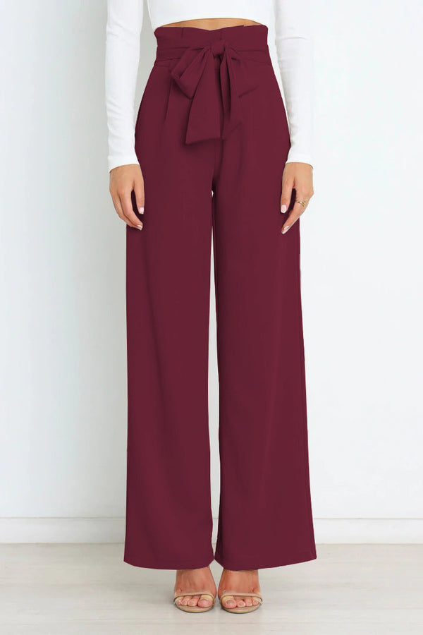 Pantalons larges pour femme avec nœud élégant à taille haute - tenue de bureau décontractée et stylée