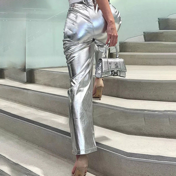 Pantalon métallisé gris pour femmes - bas de mode à finition brillante pour toutes les occasions