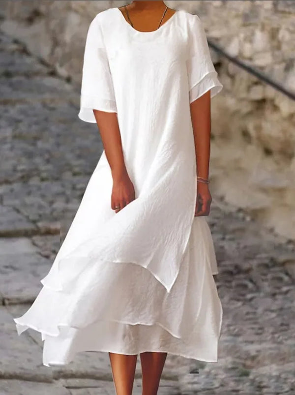Robe midi femme - robe à manches courtes aérienne et superposée