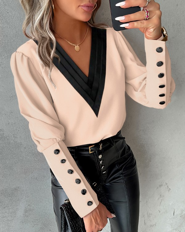 Blouse femme à col v avec manches boutonnées - haut chic pour le bureau et les sorties casual