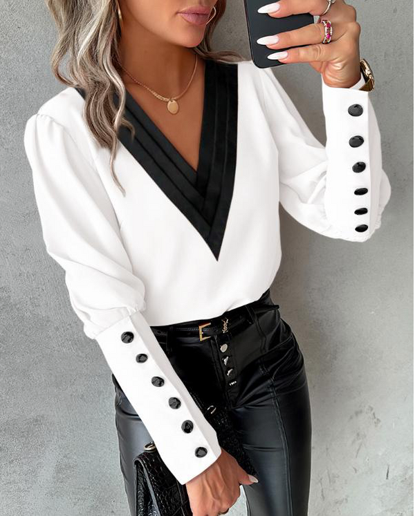 Blouse femme à col v avec manches boutonnées - haut chic pour le bureau et les sorties casual