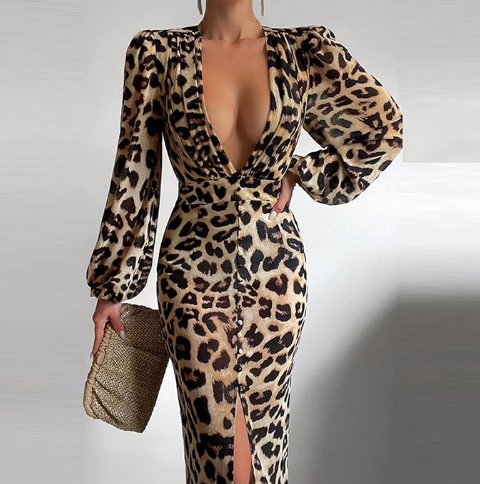 Robe moulante satin léopard - élégante robe brune pour femmes