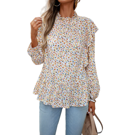 Blouse à fleurs avec volants pour femme - haut élégant à manches longues au motif floral intemporel