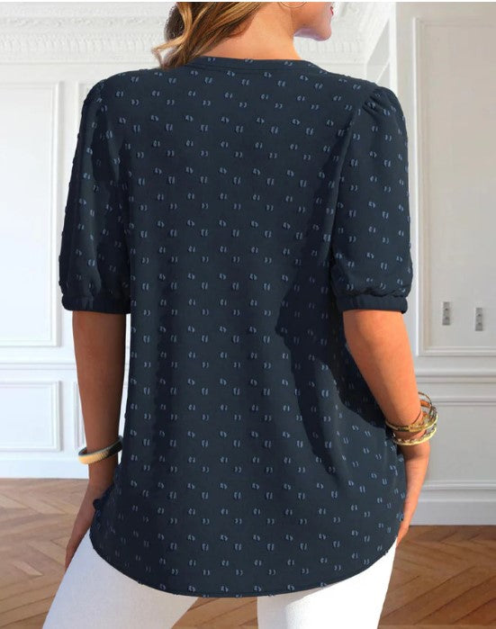 Blouse décontractée pour femmes avec détail en dentelle - haut bleu marine à manches courtes pour tous les jours