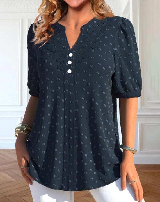 Blouse décontractée pour femmes avec détail en dentelle - haut bleu marine à manches courtes pour tous les jours