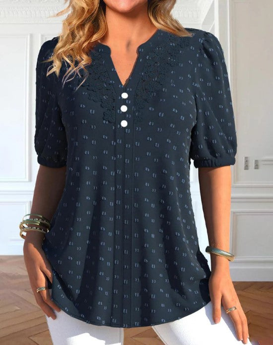 Blouse décontractée pour femmes avec détail en dentelle - haut bleu marine à manches courtes pour tous les jours