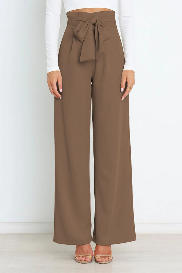 Pantalons larges pour femme avec nœud élégant à taille haute - tenue de bureau décontractée et stylée