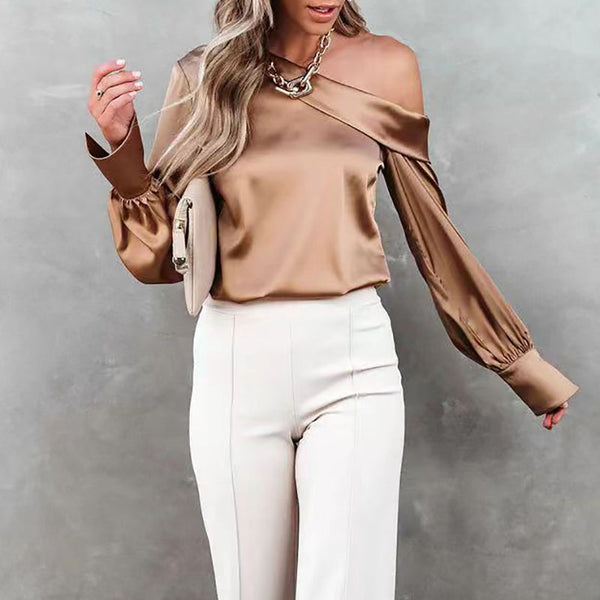 Blouse en satin marron à design asymétrique - haut élégant à manches longues pour look décontracté ou professionnel