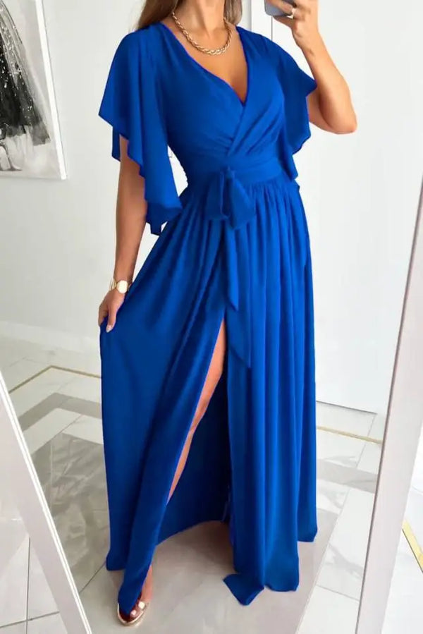 Robe maxi élégante à col en v avec style enveloppant - tenue de soirée sophistiquée