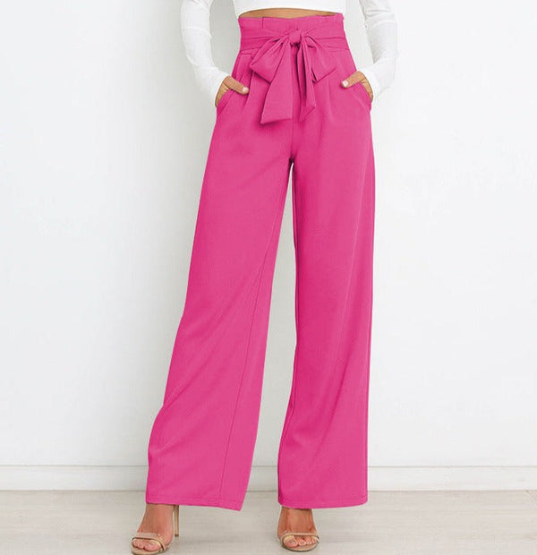 Pantalons larges pour femme avec nœud élégant à taille haute - tenue de bureau décontractée et stylée