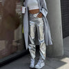 Pantalon métallisé gris pour femmes - bas de mode à finition brillante pour toutes les occasions