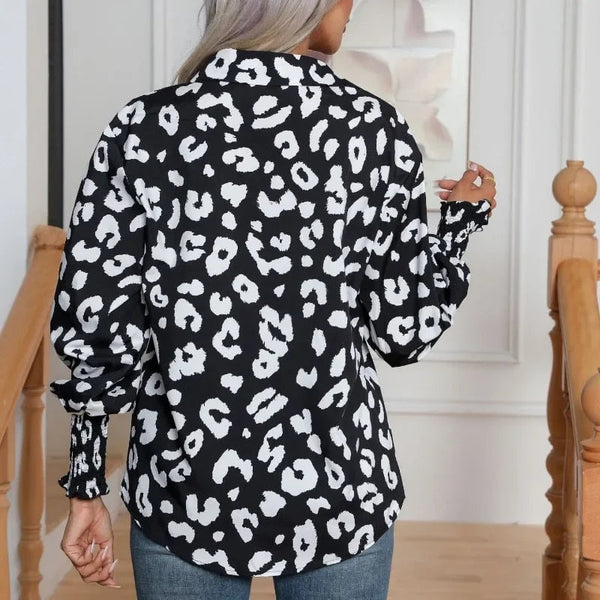 Chemisier à imprimé léopard pour femmes - haut chic et décontracté à manches longues noir et blanc
