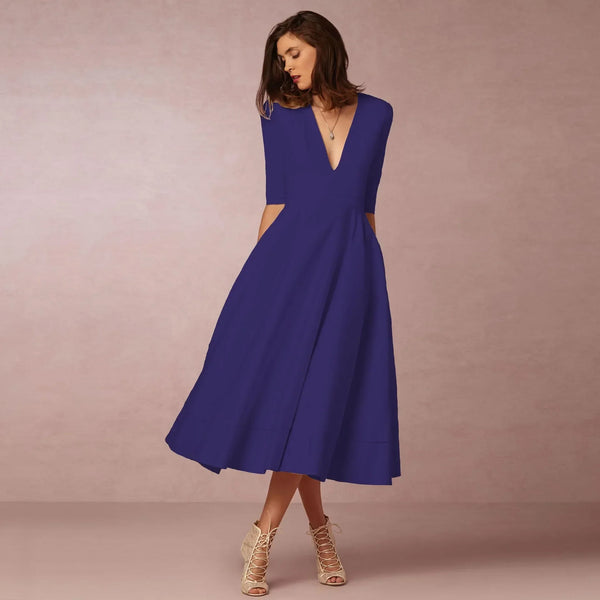 Robe midi décontractée pour femmes - élégante en coton avec décolleté en v pour des occasions spéciales