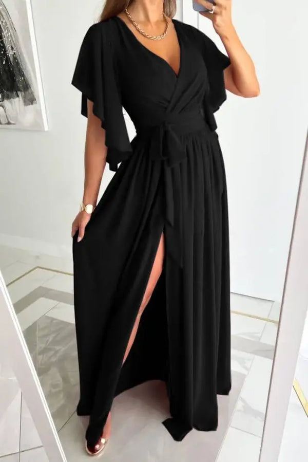 Robe maxi élégante à col en v avec style enveloppant - tenue de soirée sophistiquée