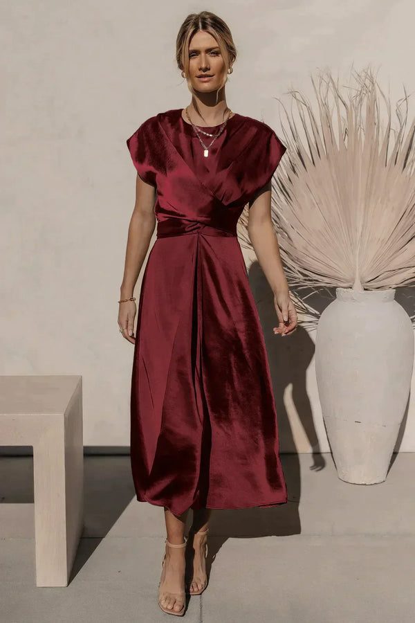 Robe portefeuille en satin - robe midi sophistiquée pour occasions spéciales