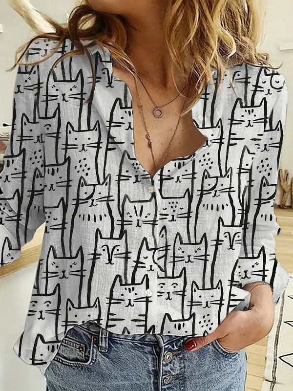 Chemise à imprimé chat à manches longues - tenue printanière décontractée