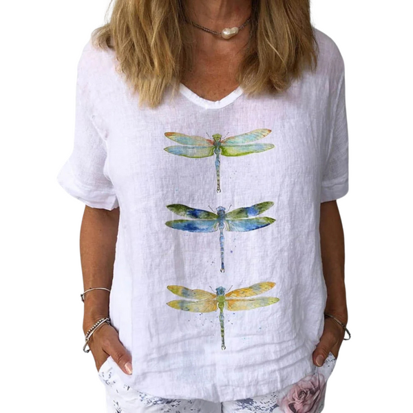 Blouse en lin blanc à imprimé libellule pour un style décontracté