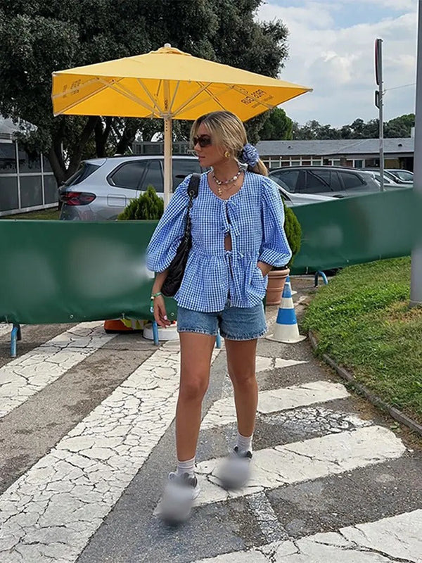Blouse à manches bouffantes pour femmes - design rayé élégant avec détail à nouer pour un style décontracté au quotidien