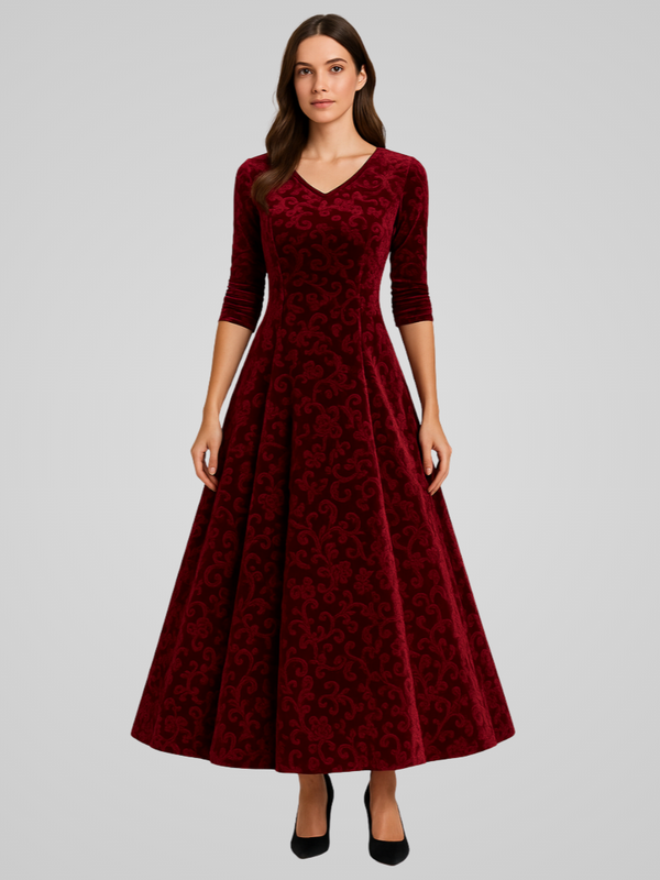 Robe maxi a-line en velours premium pour femmes - manches longues élégantes pour les occasions spéciales
