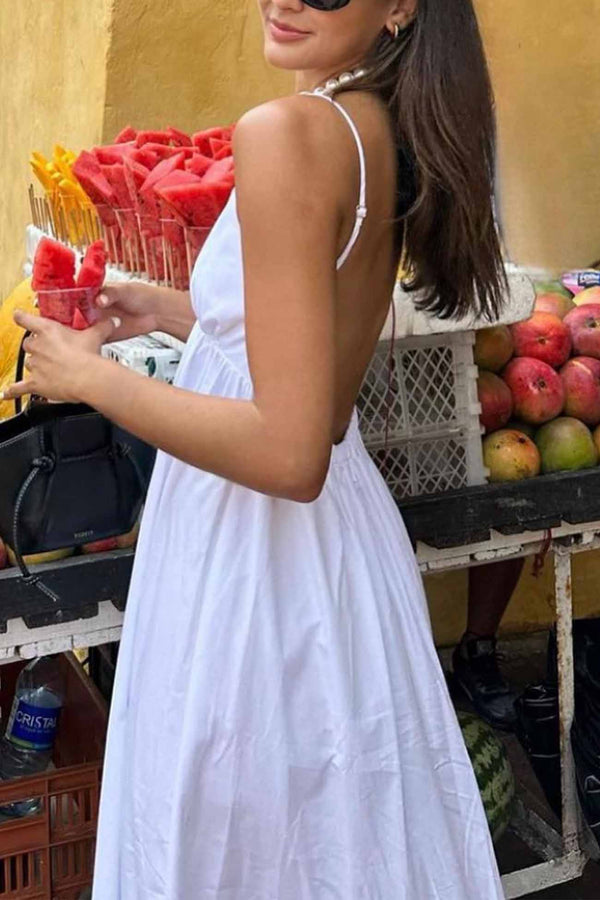 Robe midi à bretelles pour femme - élégante robe d'été blanche