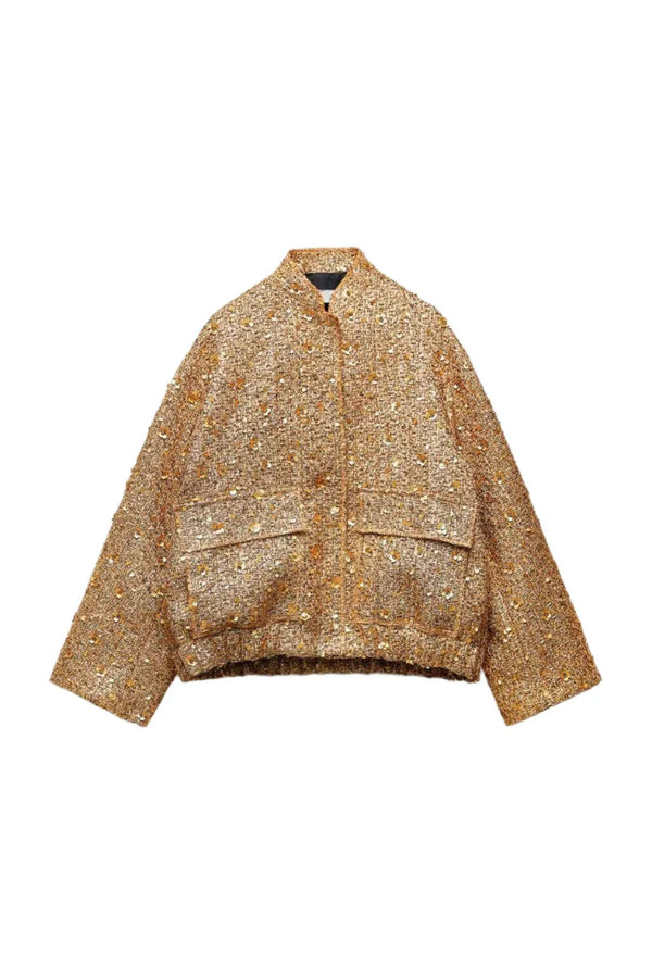 Veste bomber casual pour femmes en tweed jaune - vêtements légers pour un style quotidien