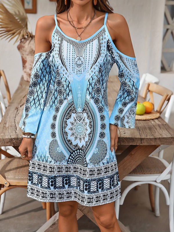 Robe d'été décontractée pour femme - style bohème à épaules dénudées avec imprimé vintage
