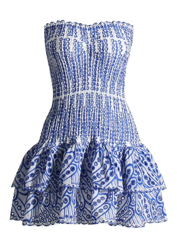 Robe décontractée femme - robe bustier brodée élégante en bleu - pour les occasions estivales