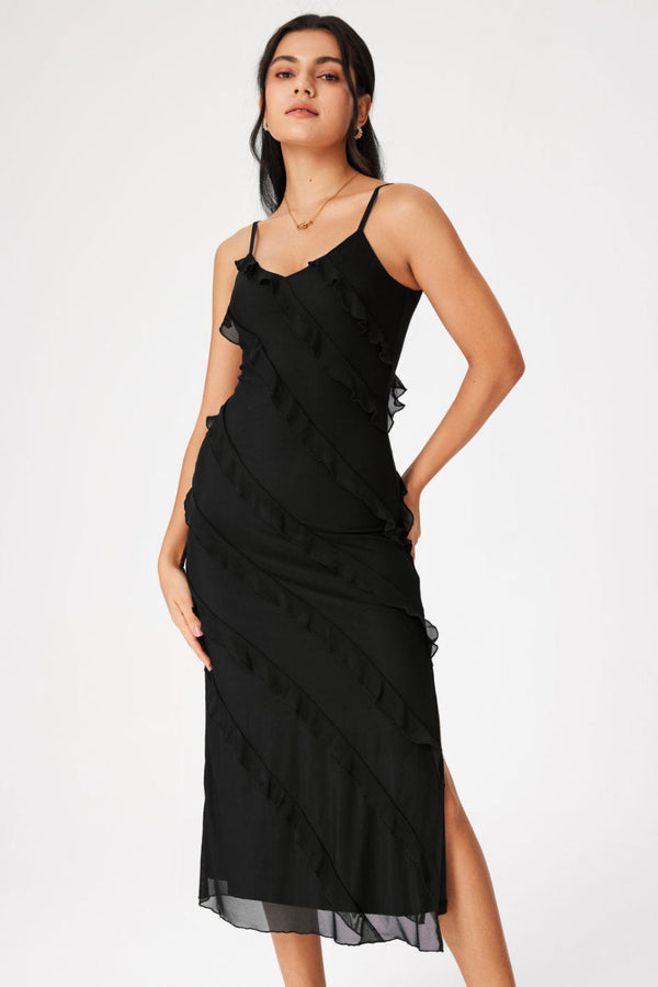 Robe midi élégante noire pour femmes avec volants - tenue de soirée polyvalente avec fente