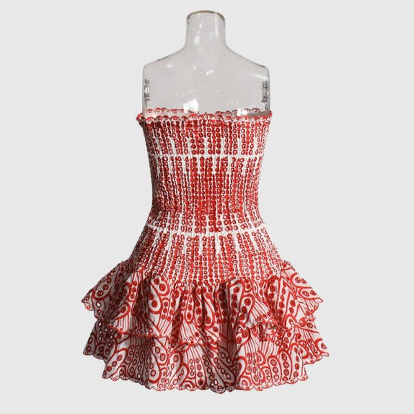 Robe mini décontractée pour femmes - design smocké sans bretelles avec ourlet volanté