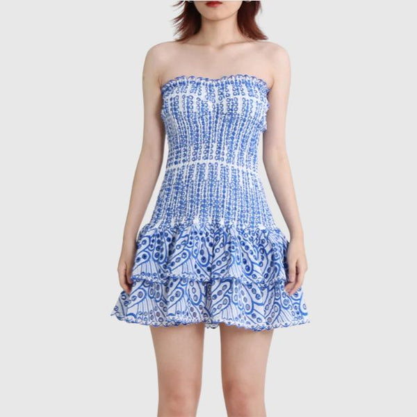 Robe mini décontractée pour femmes - design smocké sans bretelles avec ourlet volanté