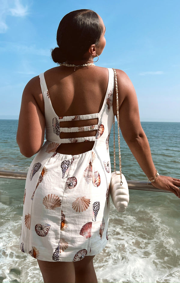 Robe d'été en lin à motifs coquillages blancs pour femme - mini robe florale casual