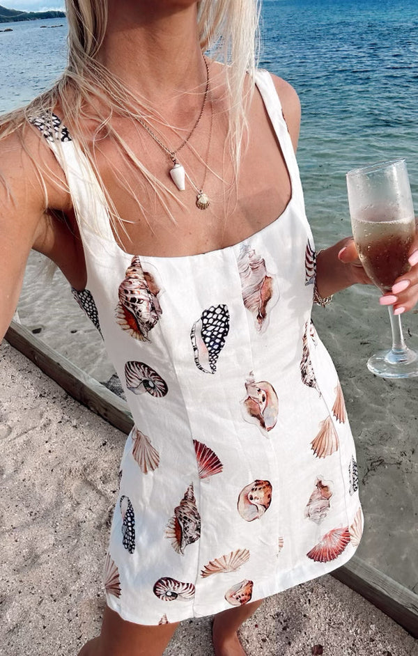 Robe d'été en lin à motifs coquillages blancs pour femme - mini robe florale casual