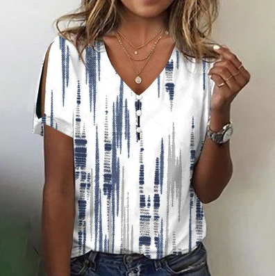 T-shirt décontracté femme - haut imprimé bleu élégant pour un été stylé