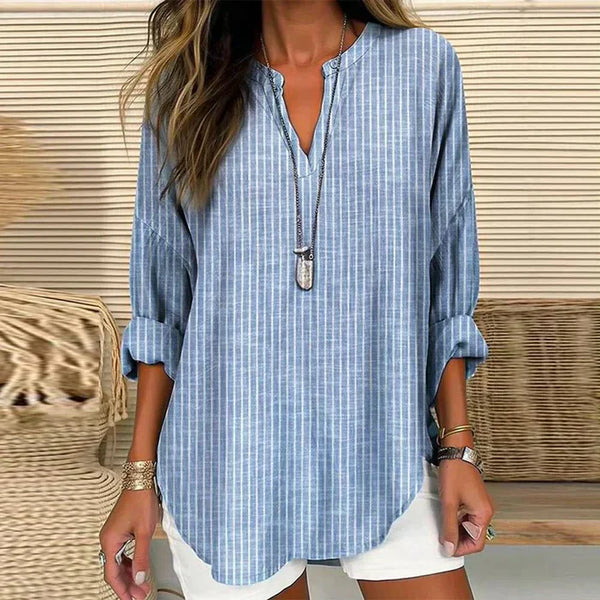 Tunique féminine décontractée à rayures légères – blouse bleue à porter tous les jours