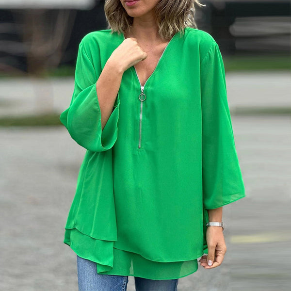 Blouse en chiffon femme avec fermeture éclair - haut à col v pour une tenue décontractée, polyvalente