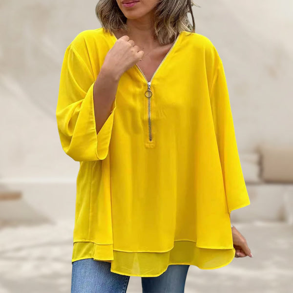Blouse en chiffon femme avec fermeture éclair - haut à col v pour une tenue décontractée, polyvalente