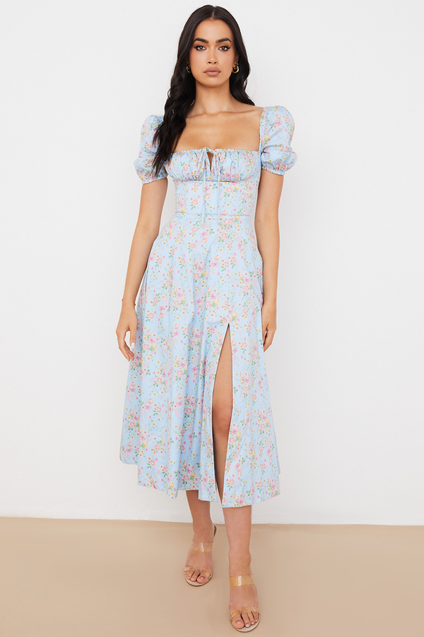 Robe midi florale pour femmes - tenue élégante d'été avec manches bouffantes et détail corset pour les garden-parties
