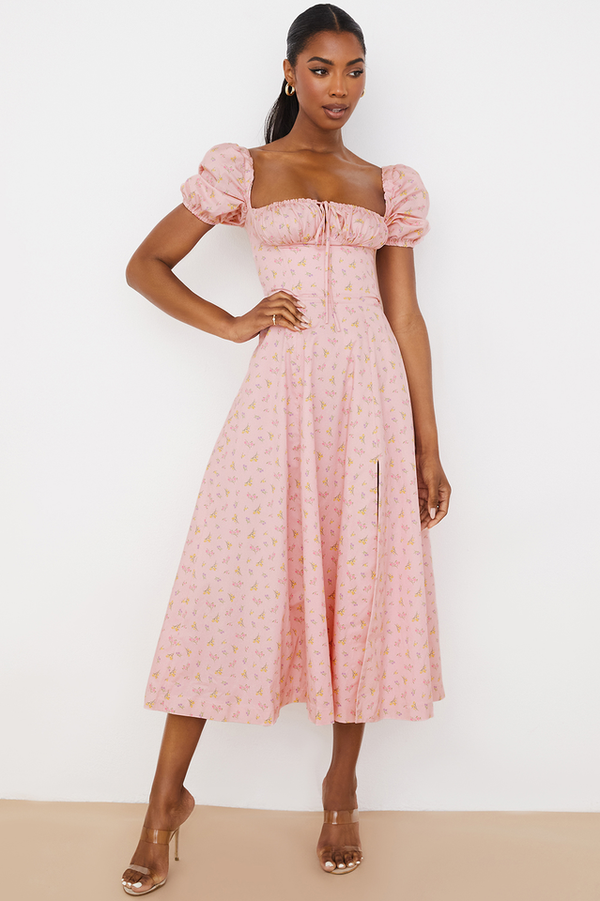 Robe midi florale pour femmes - tenue élégante d'été avec manches bouffantes et détail corset pour les garden-parties
