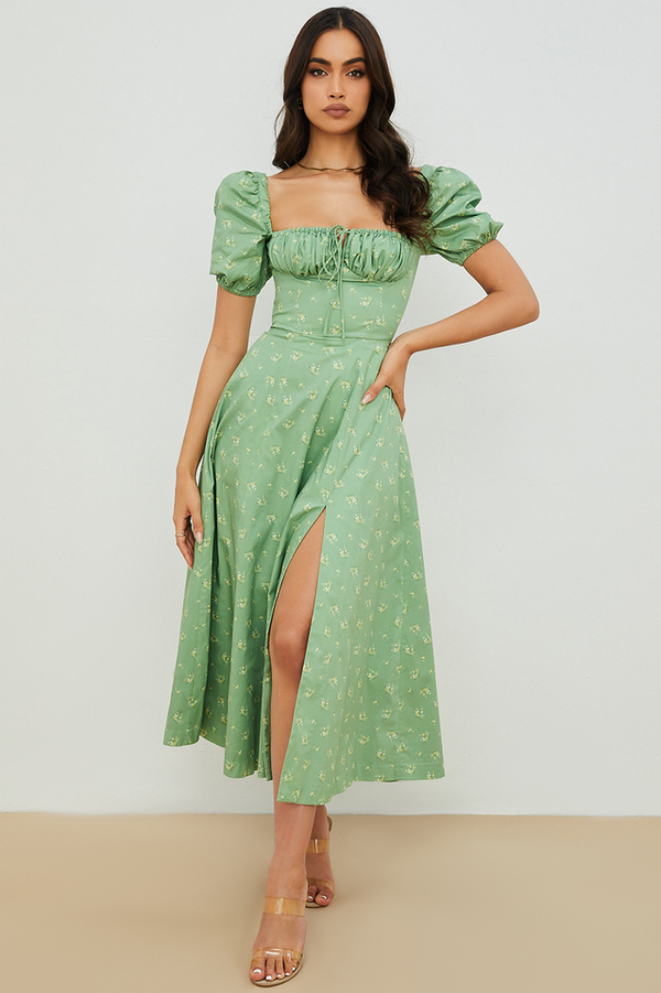 Robe midi florale pour femmes - tenue élégante d'été avec manches bouffantes et détail corset pour les garden-parties