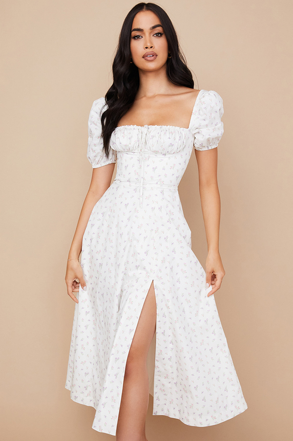 Robe midi florale pour femmes - tenue élégante d'été avec manches bouffantes et détail corset pour les garden-parties